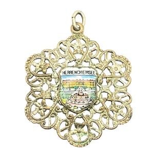 Herrenchiemsee Palace & fountain Germany silver tone filigree souvenir pendant